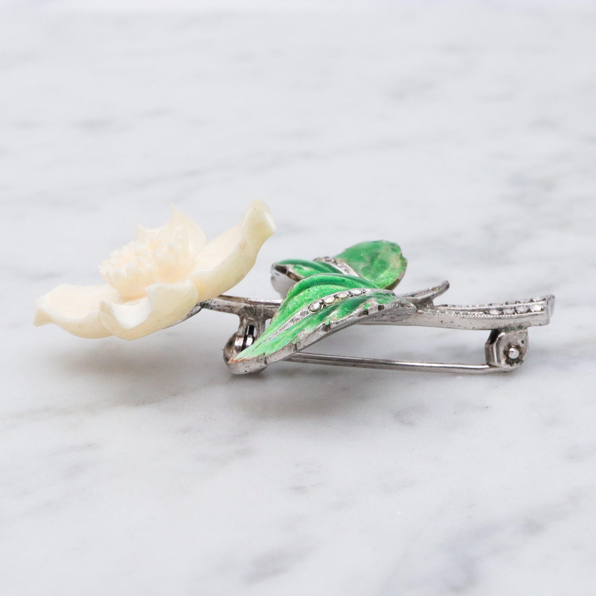 Antique German Art Deco sterling silver dogwood brooch with enamel & marcasite